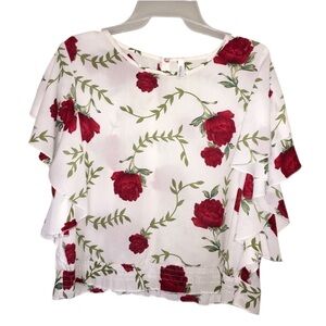 Women’s White Sheer Blouse w/ Red Rose Print